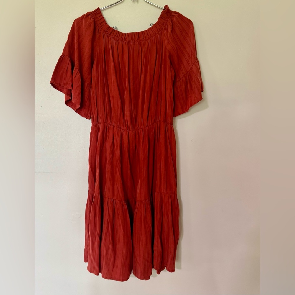 SHEIN Burnt Orange Tiered Midi Dress with Flutter Sleeves